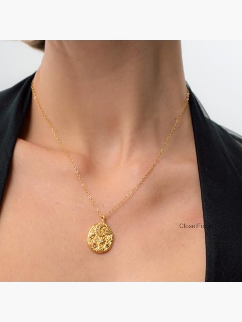 Waterproof Coin Pendant Necklace with Cubic Zirconia & Real Pearl - Picture 2 of 7